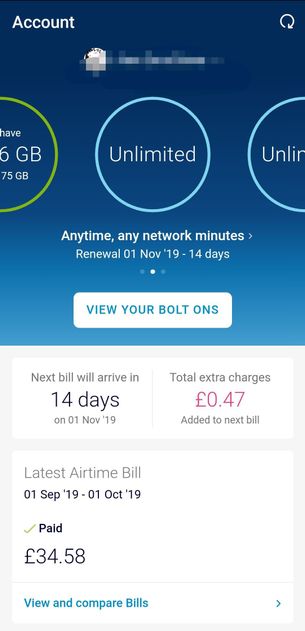 My O2 app version, top of screen